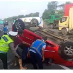 Mobil Ayla Terguling di Tol Jagorawi Bogor, Pengemudi Diduga Mengantuk